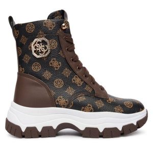 Trzewiki Guess. Brązowe botki Guess, z aplikacjami, bez obcasa, na płaskiej podeszwie, bez zapięcia. Za 489,99 zł.