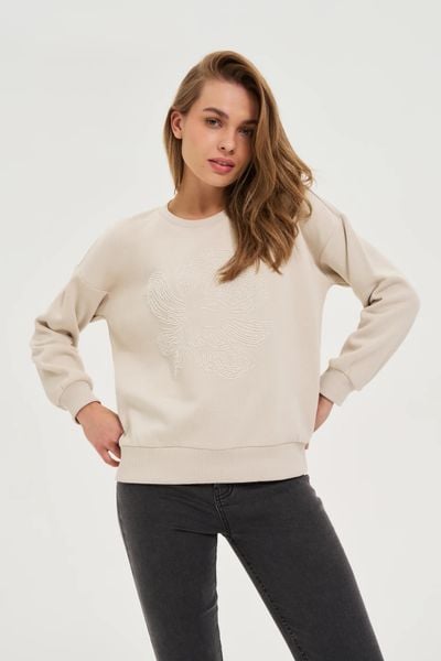 Bluza z aplikacją beżowa. Brązowe bluzy MOODO, l, z aplikacjami, z bawełny, bez kaptura. Za 139,99 zł.