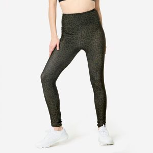 Legginsy fitness damskie Domyos w panterkę khaki. Brązowe legginsy DOMYOS, bez wzorów, z elastanu, z podwyższonym stanem. Za 69,99 zł.