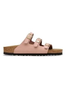 Birkenstock Skórzane klapki "Florida" w kolorze jasnoróżowym rozmiar: 38. Różowe klapki Birkenstock, bez wzorów, z nubiku, z otwartym noskiem, bez obcasa. Za 430,07 zł.