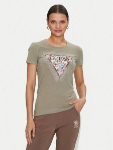 Guess T-Shirt Cherry Flower W4YI26 J1314 Zielony Slim Fit. Zielone t-shirty Guess, xs, z aplikacjami, z bawełny, bez kołnierzyka, bez ramiączek. Za 119,99 zł.