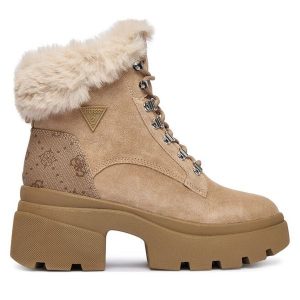 Trzewiki Guess. Brązowe botki Guess, z aplikacjami, bez obcasa, na słupku, bez zapięcia. Za 599,99 zł.