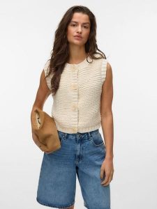 Vero Moda Kamizelka dzianinowa w kolorze kremowym rozmiar: S. Brązowe kamizelki Vero Moda, s, bez wzorów, z dzianiny, bez kołnierzyka, bez ramiączek, bez kaptura. Za 114,95 zł.