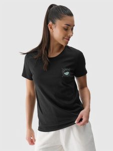 4F T-shirt regular z nadrukiem damski - czarny XS. Czarne t-shirty 4f, xs, bez wzorów, z bawełny, bez kołnierzyka, bez ramiączek. W wyprzedaży za 29,99 zł.