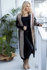 Długi wielokolorowy kardigan płaszczyk Black/Cappuccino. Czarne długie swetry Peekaboo, uniwersalny, bez kołnierzyka. Za 379,00 zł.