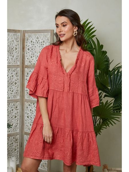 Lin Passion Lniana sukienka w kolorze czerwonym rozmiar: 36/38. Czerwone sukienki Lin Passion, bez wzorów, ze lnu, klasyczne, bez kołnierzyka, bez ramiączek, mini. Za 140,86 zł.