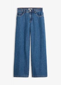 Lekkie jeansy wide leg, mid waist, cropped. Niebieskie jeansy bonprix, bez wzorów, z jeansu. Za 124,99 zł.