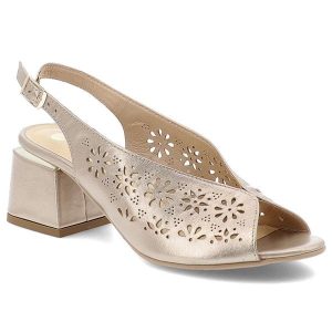 Sandały damskie Armodo, ze skóry licowej z dziurkami na klocku ze sprzączką eleganckie, złote, 1981-3014. Żółte sandały Armodo, w ażurowe wzory, ze skóry, bez obcasa, na obcasie, bez zapięcia. Za 289,00 zł.