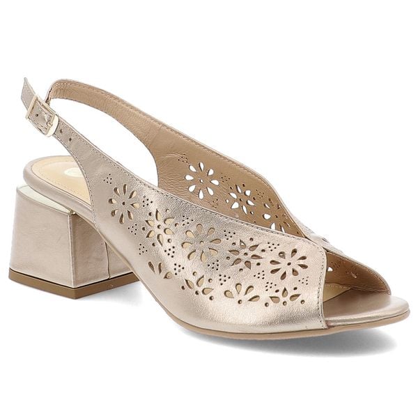 Sandały damskie Armodo, ze skóry licowej z dziurkami na klocku ze sprzączką eleganckie, złote, 1981-3014. Żółte sandały Armodo, w ażurowe wzory, ze skóry, bez obcasa, na obcasie, bez zapięcia. Za 323,90 zł.