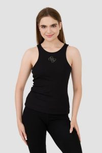 GUESS Czarny top Round Nk Guendalina. Czarne topy Guess, s, z aplikacjami, bez kołnierzyka, bez ramiączek. W wyprzedaży za 113,99 zł.