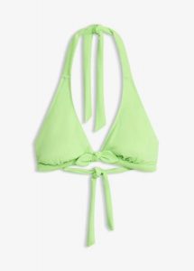 Biustonosz bikini z ramiączkami łączonymi na szyi. Zielone bikini bonprix, bez wzorów. Za 54,99 zł.