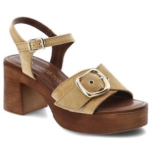 Sandały damskie Marco Tozzi, cholewka ze skóry naturalnej zamszowej ozdobna klamra odkryty przód stabilny obcas, beżowe, 2-28391-46 424. Brązowe sandały Marco Tozzi, bez wzorów, ze skóry, bez obcasa, na obcasie, bez zapięcia. Za 299,00 zł.