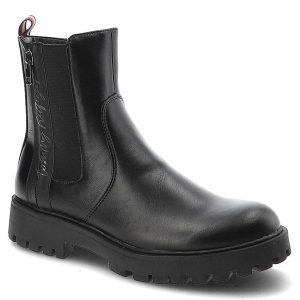 Czarne Botki Tommy Hilfiger Modne Buty Damskie. Czarne botki TOMMY HILFIGER, bez wzorów, ze skóry ekologicznej, bez obcasa, na obcasie, bez zapięcia. Za 399,00 zł.