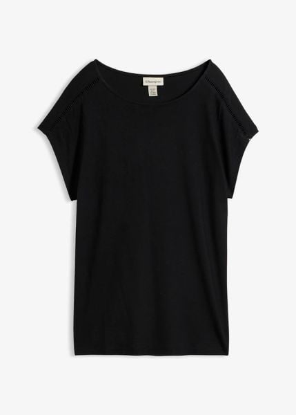 T-shirt z drabinkową koronką. Czarne t-shirty bonprix, bez wzorów, z koronki, bez kołnierzyka, bez ramiączek. Za 67,99 zł.