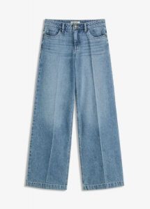 Dżinsy ze średnim stanem i szeroką, długą nogawką, z małą domieszką stretchu. Niebieskie jeansy bonprix, bez wzorów, z bawełny, długie. Za 134,99 zł.
