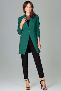 Zielony Długi Elegancki Żakiet na Jeden Guzik. Zielone marynarki i żakiety Katrus, l, bez wzorów, z materiału, eleganckie. Za 299,00 zł.