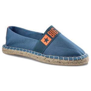 Espadryle damskie Big Star, z przewiewnego materiału na jutowej podeszwie z elastycznym paskiem, niebieskie, HH274475. Niebieskie espadryle Big Star, z aplikacjami, z jeansu, bez obcasa. Za 89,99 zł.