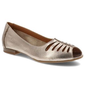 Baleriny damskie Maciejka, cholewka skóra naturalna metaliczny połysk ażurowe wycięcia odkryty nosek wsuwany fason, miedziane, P7541-32/00-1. Żółte balerinki Maciejka, w ażurowe wzory, ze skóry, z otwartym noskiem, bez obcasa, bez zapięcia. Za 178,90 zł.