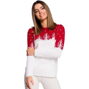 Sweter z Motywem Choinek -- Czerwony. Czerwone swetry klasyczne MOE, uniwersalny, z materiału, bez kołnierzyka. Za 211,90 zł.