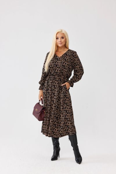 Wiskozowa sukienka Marlen MIDI w geometryczny wzór - z gumką w pasie i kieszeniami PLUS SIZE XXL OVERSIZE JESIEŃ. Czarne sukienki Moda Size Plus Iwanek, do pracy, na jesień, plus size, bez wzorów, z tkaniny, biznesowe, bez kołnierzyka, plus size, bez ramiączek, midi, oversize. Za 329,90 zł.