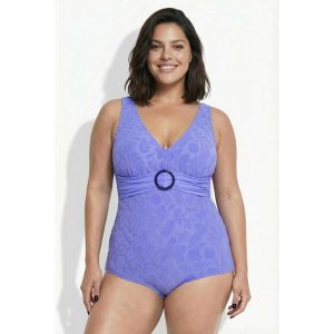 Damskie Strój kąpielowy faktura w kwiaty miękkie miseczki ozdobny pierścień. Stroje jednoczęściowe Ulla Popken, bez wzorów, z elastanu. Za 239,99 zł.