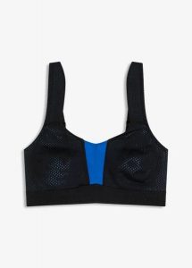 Biustonosz sportowy z mocnym podtrzymaniem. Czarne biustonosze sportowe bonprix, bez wzorów. Za 124,99 zł.