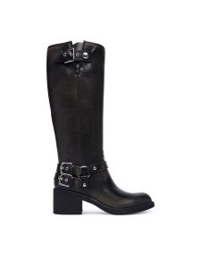 Guess Kozaki FLTMAT LEA11 Czarny. Czarne kozaki Guess, z aplikacjami, ze skóry, bez obcasa, na słupku, bez zapięcia. Za 773,99 zł.