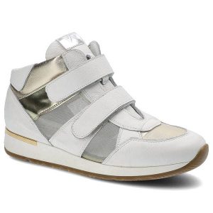 Sneakersy damskie Karino, skóra naturalna zapinana na rzepy, biało-złote, 1652-143-P. Białe czółenka Karino, bez wzorów, z materiału, bez obcasa, na koturnie, bez zapięcia. Za 229,00 zł.