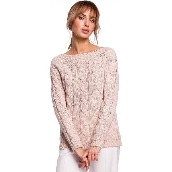 Sweter damski ze splotem typu warkocz pudrowy róż. Czerwone swetry klasyczne Polskie swetry, l, z dzianiny, bez kołnierzyka. Za 79,00 zł.