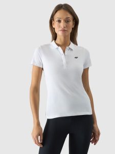 4F Koszulka polo slim damska - biała XL. Białe bluzki 4f, xl, bez wzorów, z bawełny, klasyczne, bez kołnierzyka, bez ramiączek. W wyprzedaży za 59,99 zł.