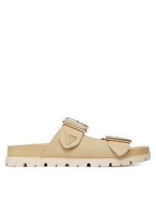 Guess Klapki FLTFST SUE03 Beżowy. Brązowe klapki Guess, z aplikacjami, ze skóry, bez obcasa. Za 327,00 zł.