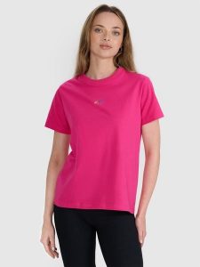 4F T-shirt oversize z nadrukiem damski - różowy XS. Czerwone t-shirty 4f, l, bez wzorów, z bawełny, bez kołnierzyka, bez ramiączek. W wyprzedaży za 49,99 zł.