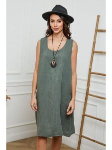 Fleur de Lin Lniana sukienka w kolorze khaki rozmiar: S. Brązowe sukienki Fleur de Lin, na co dzień, s, bez wzorów, ze lnu, bez kołnierzyka, bez ramiączek, midi, proste. Za 151,95 zł.