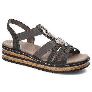Szare Sandały Rieker Wygodne Buty Damskie. Szare sandały Rieker, bez wzorów, bez obcasa, na koturnie, bez zapięcia. Za 239,00 zł.