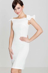 Szykowna Ecru Sukienka z Kokardkami na Ramionach. Sukienki Katrus, l, bez wzorów, z materiału, eleganckie, bez kołnierzyka, bez ramiączek. Za 269,00 zł.