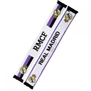 Real Madryt szalik kibica dwustronny Double Knitted Scarf wielokolorowy. Białe rękawiczki REAL MADRID, bez wzorów. Za 119,00 zł.