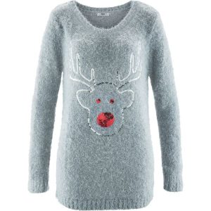 Sweter bożonarodzeniowy z motywem renifera z cekinami. Białe golfy bonprix, bez kołnierzyka. Za 129,99 zł.