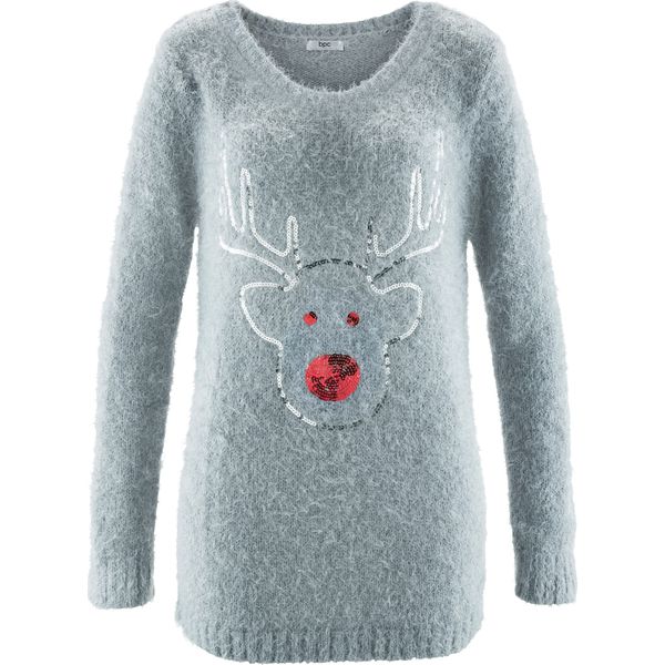 Sweter bożonarodzeniowy z motywem renifera z cekinami. Białe golfy bonprix, bez kołnierzyka. Za 129,99 zł.