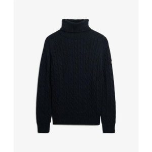 Sweter na plecionce z golfem damski Superdry. Niebieskie golfy Superdry, bez wzorów, ze splotem. Za 327,70 zł.