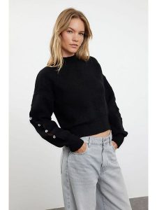 Trendyol Sweter w kolorze czarnym rozmiar: L. Czarne swetry oversize Trendyol, l, bez wzorów, ze splotem, bez ramiączek. Za 97,95 zł.