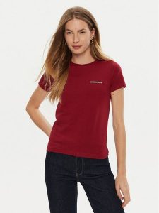 Guess Jeans T-Shirt W4YI02 J1314 Czerwony Slim Fit. Czerwone t-shirty Guess Jeans, m, z aplikacjami, z bawełny, bez kołnierzyka, bez ramiączek. Za 89,99 zł.