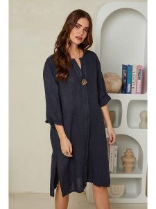 Rodier Lin Lniana sukienka w kolorze granatowym rozmiar: L/XL. Niebieskie sukienki Rodier Lin, na co dzień, l, bez wzorów, ze lnu, bez kołnierzyka, bez ramiączek, midi, proste. Za 223,45 zł.