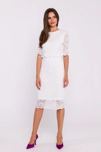 Elegancka ołówkowa dwuczęściowa sukienka koronkowa ecru. Sukienki Stylove, na imprezę, l, bez wzorów, z koronki, eleganckie, bez kołnierzyka, bez ramiączek, mini, dopasowane. Za 509,00 zł.