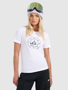 4F T-shirt regular z nadrukiem damski - biały L. Białe t-shirty 4f, l, bez wzorów, z bawełny, bez kołnierzyka, bez ramiączek. Za 59,99 zł.