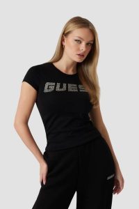 GUESS Czarny damski t-shirt Kiara. Czarne t-shirty Guess, s, z aplikacjami, bez kołnierzyka, bez ramiączek. W wyprzedaży za 174,99 zł.