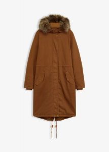 Długa, ocieplana parka. Brązowe kurtki bonprix, bez wzorów, bez kaptura. Za 319,99 zł.