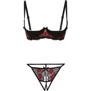 Biustonosz z głęboko wyciętymi miseczkami + stringi (2 części) bonprix czarno-czerwony. Komplety bielizny marki bonprix. Za 54,99 zł.