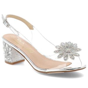 Sandały damskie S. Barski, transparentne z ozdobnym kwiatem na obcasie i ze sprzączką, srebrne, MR51-002. Szare sandały S.BARSKI, bez wzorów, bez obcasa, na obcasie, bez zapięcia. Za 149,00 zł.
