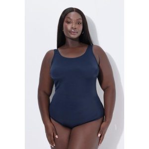 Damskie Strój kąpielowy bardzo miękka podszewka marszczenie z boku. Niebieskie stroje jednoczęściowe Ulla Popken, bez wzorów, z elastanu. Za 139,99 zł.
