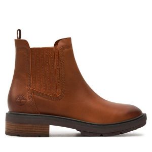 Sztyblety Timberland. Brązowe botki Timberland, bez wzorów, bez obcasa, na płaskiej podeszwie, bez zapięcia. Za 569,99 zł.
